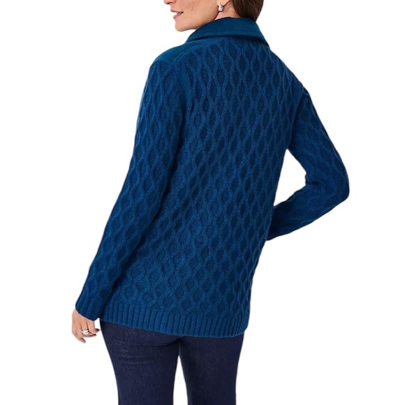 Ann Taylor Wool Blend Mixed Media Breasted Buttoned Blue Cable Cardigan LP - Picture 9 of 16